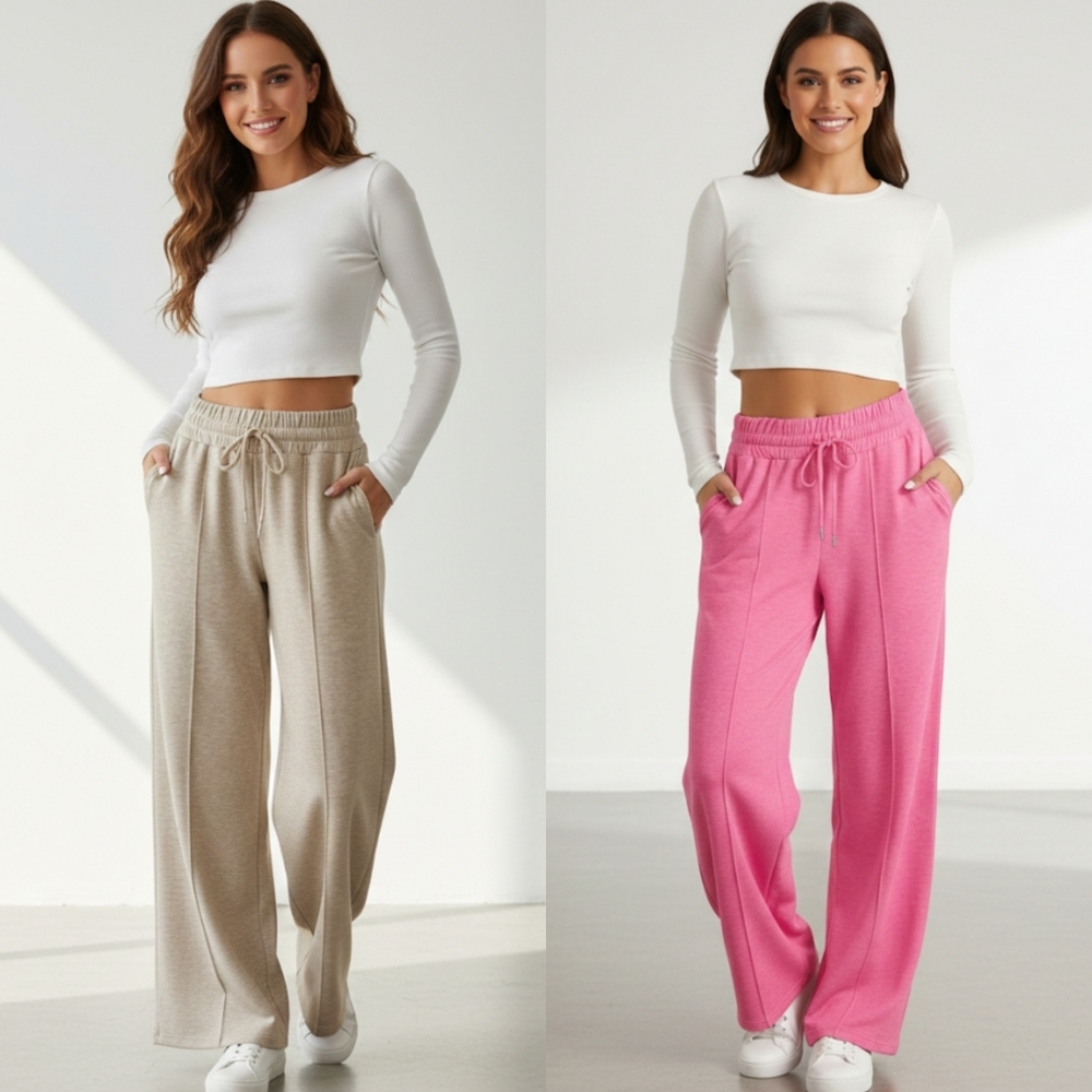 Women's Beige Wide-Leg Drawstring Pants